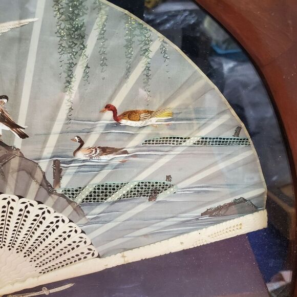 Vintage Framed Asian Chinese Fan Woodland Water Fowl Shadowbox - Picture 8 of 11